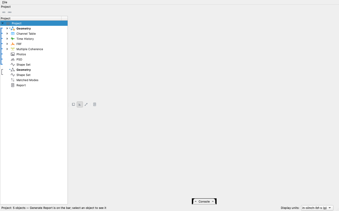 The project row selected: the panes clear and Generate Report is on the bar